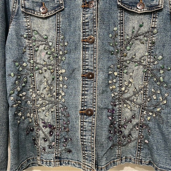 Mango Denim Embellished Jean Jacket Button Up Embroidered Size Medium Vintage - Picture 2 of 12